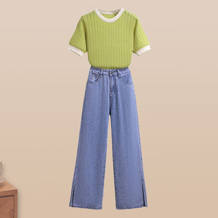 夏装搭配一整套设计感百搭针织衫上衣显瘦宽松直筒开叉牛仔裤女