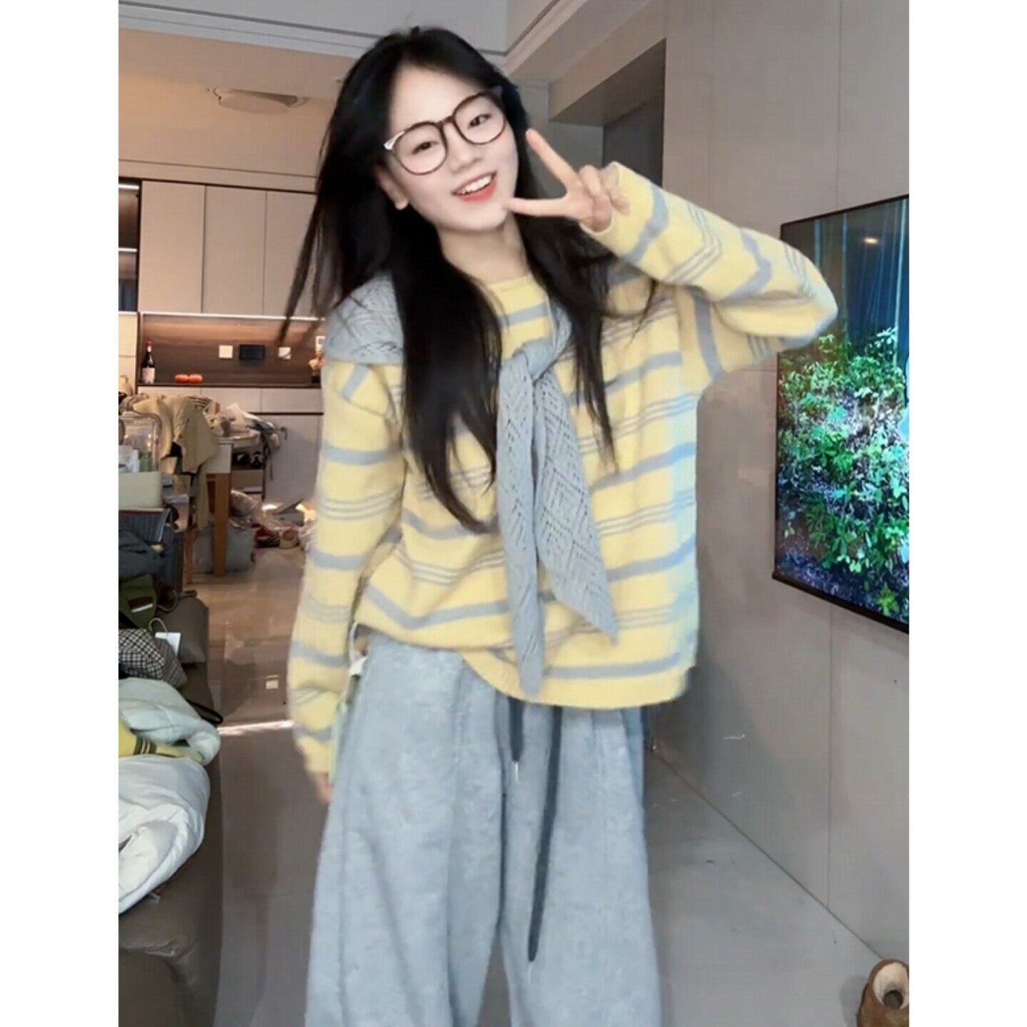学院风撞色条纹披肩毛衣女2026秋冬季新款韩系穿搭针织衫叠穿上衣