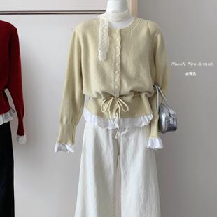 温柔风抽绳长袖毛衣女2025春季新款收腰显瘦荷叶边设计感针织上衣