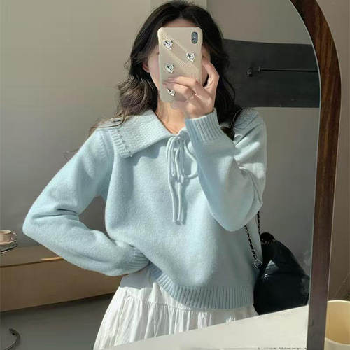 温柔风浅蓝软糯翻领毛衣女针织衫