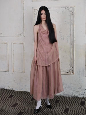 拙守 烟粉紫双层纱荡领挂脖上衣松紧腰拼接大摆蓬蓬裙可爱套装