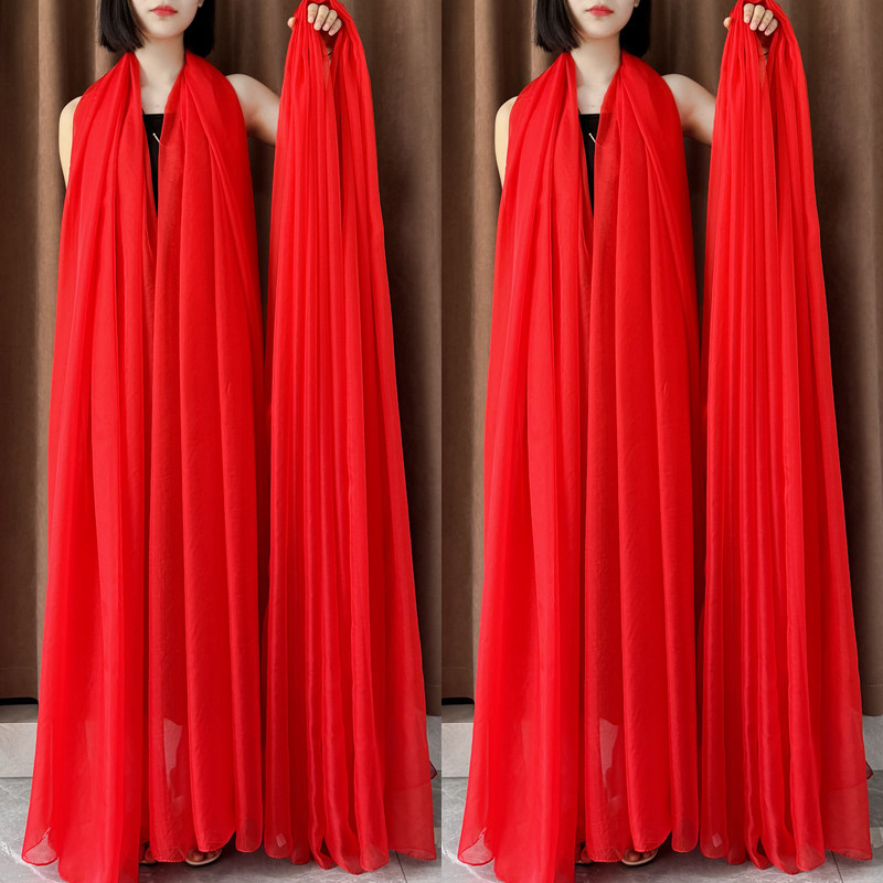 女士红色丝巾春秋季围巾女红沙巾广场舞蹈纱巾长款披肩防晒沙滩巾