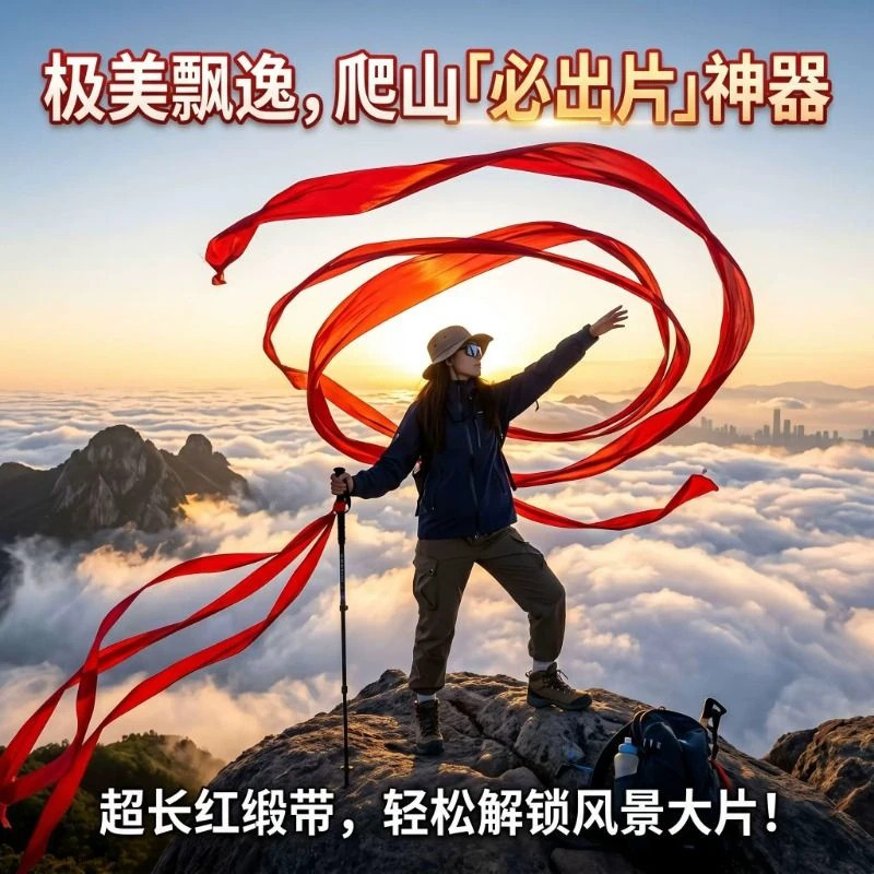登山杖红飘带超长丝带户外徒步爬山登顶拍照道具出片神器旅游纪念图片