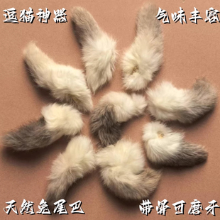 真天然兔尾巴带尾骨猫咪丰容玩具气味毛绒闻嗅自嗨解闷逗猫棒宠物