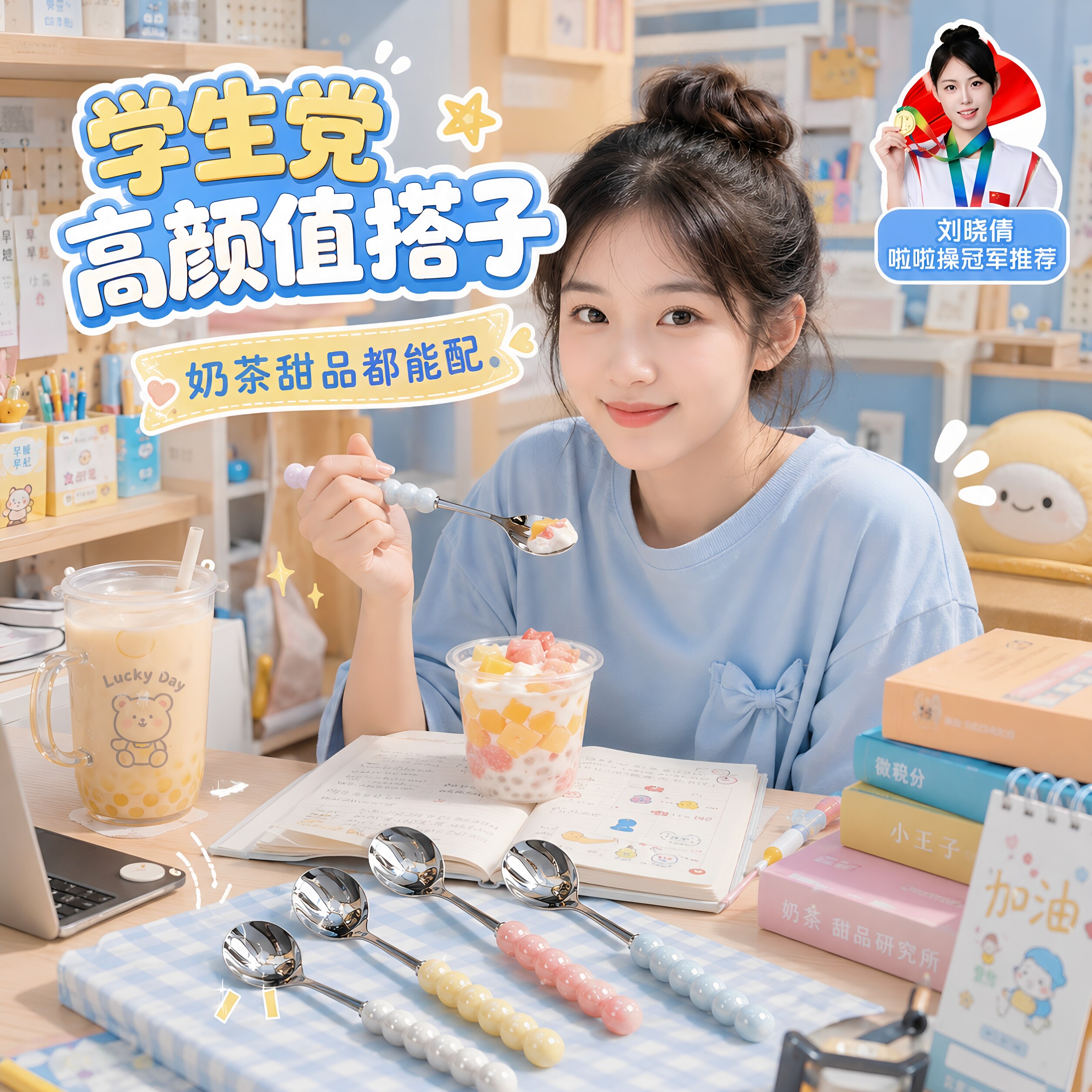 四色珍珠不锈钢勺子仿陶瓷手柄家用西餐勺高颜值耐高温圆勺调羹