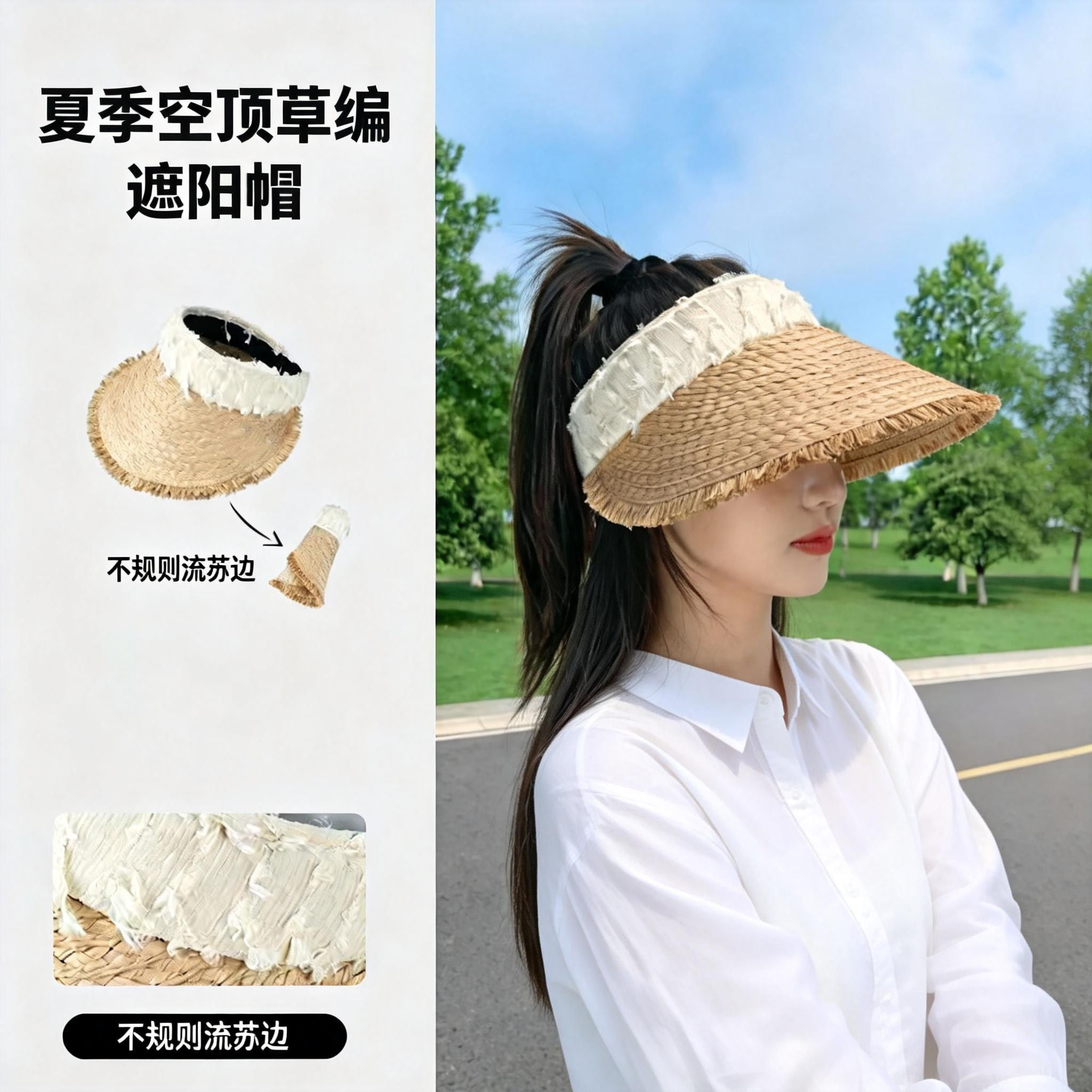 夏季新款草编空顶帽子女大帽檐显脸小可折叠沙滩海边遮阳帽潮图片