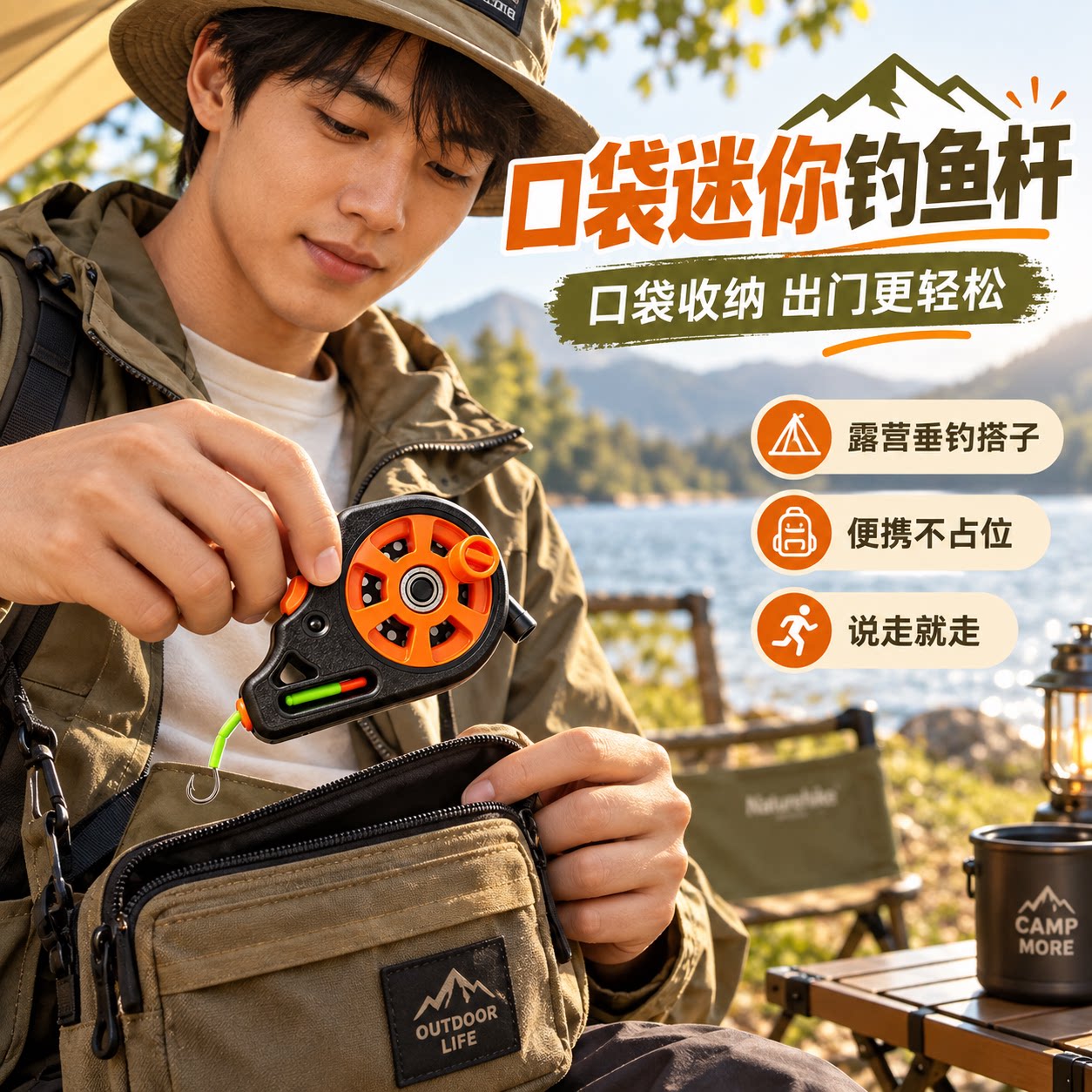 便携口袋迷你无杆小钓鱼神器公园钓蟹户外渔轮初学者新手入门渔具