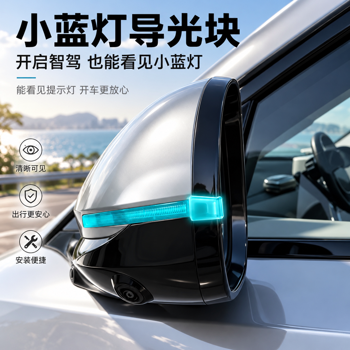 汽车后视镜小蓝灯导光块智驾辅助驾驶导光车载改装饰氛围灯车外灯