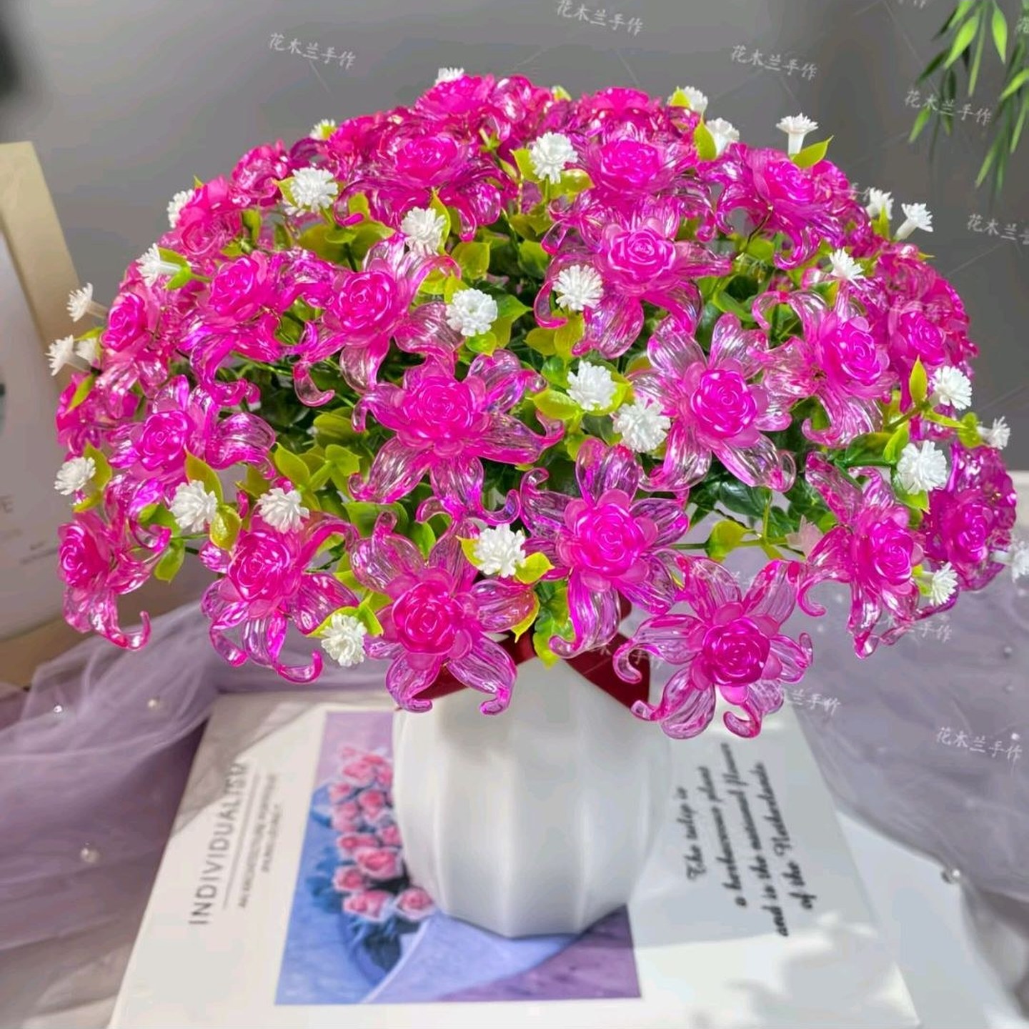 玫红不含花瓶卷心玫瑰客厅摆放花手工DIY手工编织花束材料包