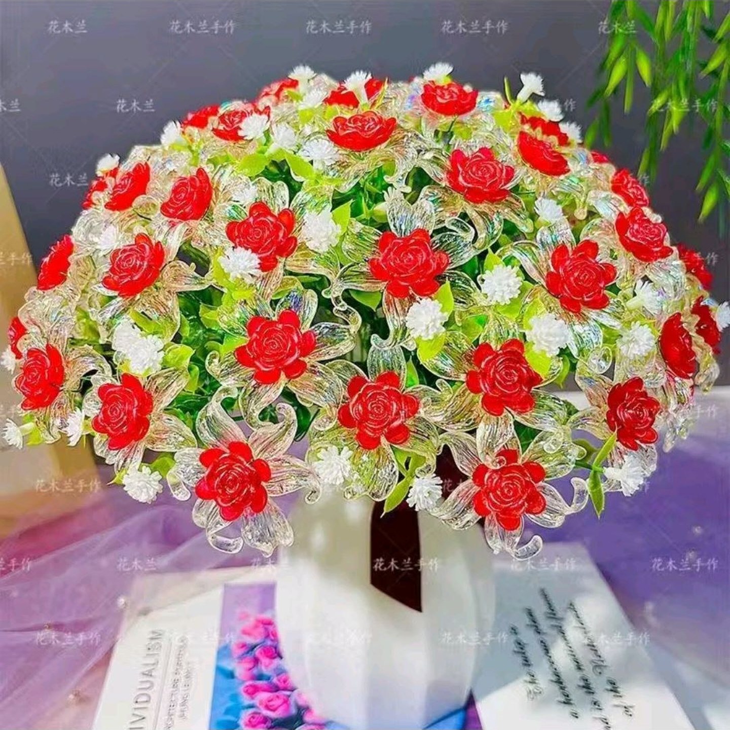 白色大红送荷叶防摔花瓶卷心玫瑰客厅摆放花手工DIY手工编织花束