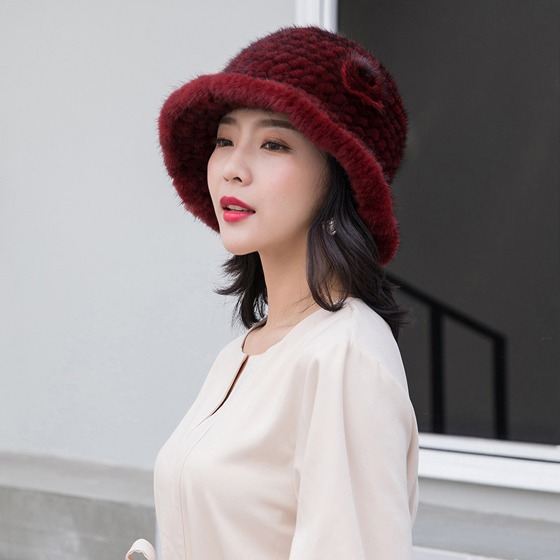 中老年水貂帽子女士冬季保暖护耳水貂毛皮草编制盆帽渔夫帽女韩版
