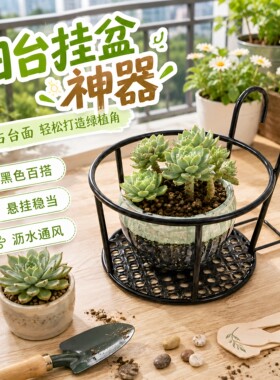 阳台栏杆铁艺悬挂花盆架加粗带网