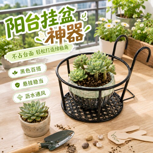 阳台栏杆铁艺悬挂花盆架加粗带网