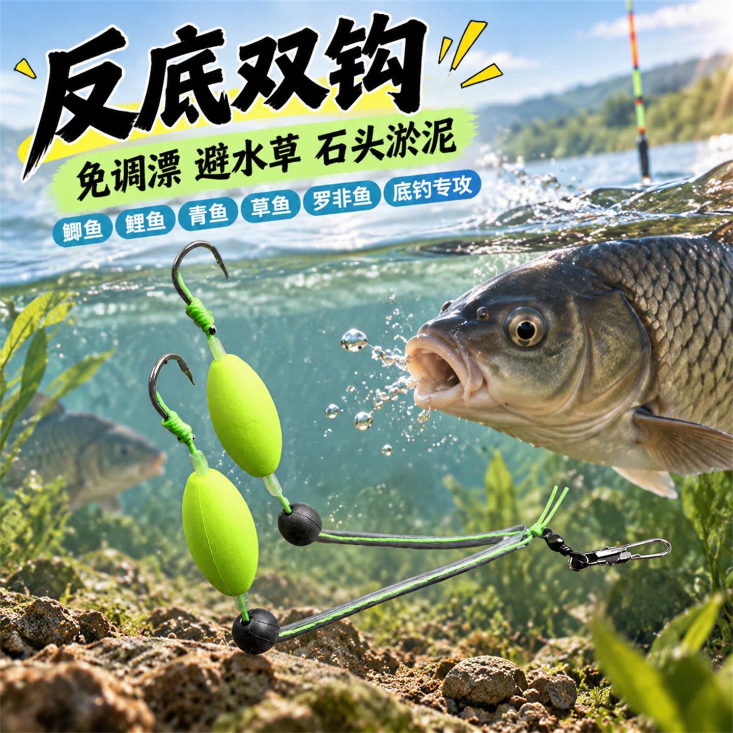 反底双钩户外钓鱼防缠绕钓鱼配件户外垂钓安装便捷免调漂自动反底