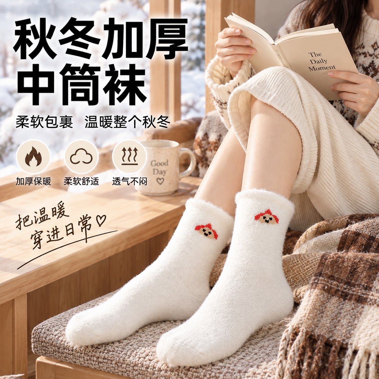 秋冬款女中筒袜加厚可爱加绒纯白