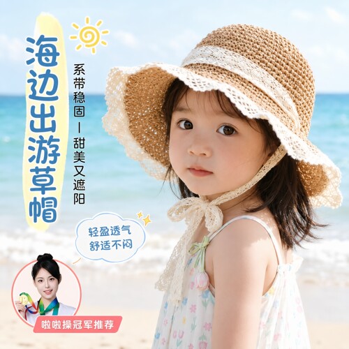 儿童帽子女童草帽夏季女孩2026女宝渔夫防晒帽宝宝海边沙滩遮阳帽