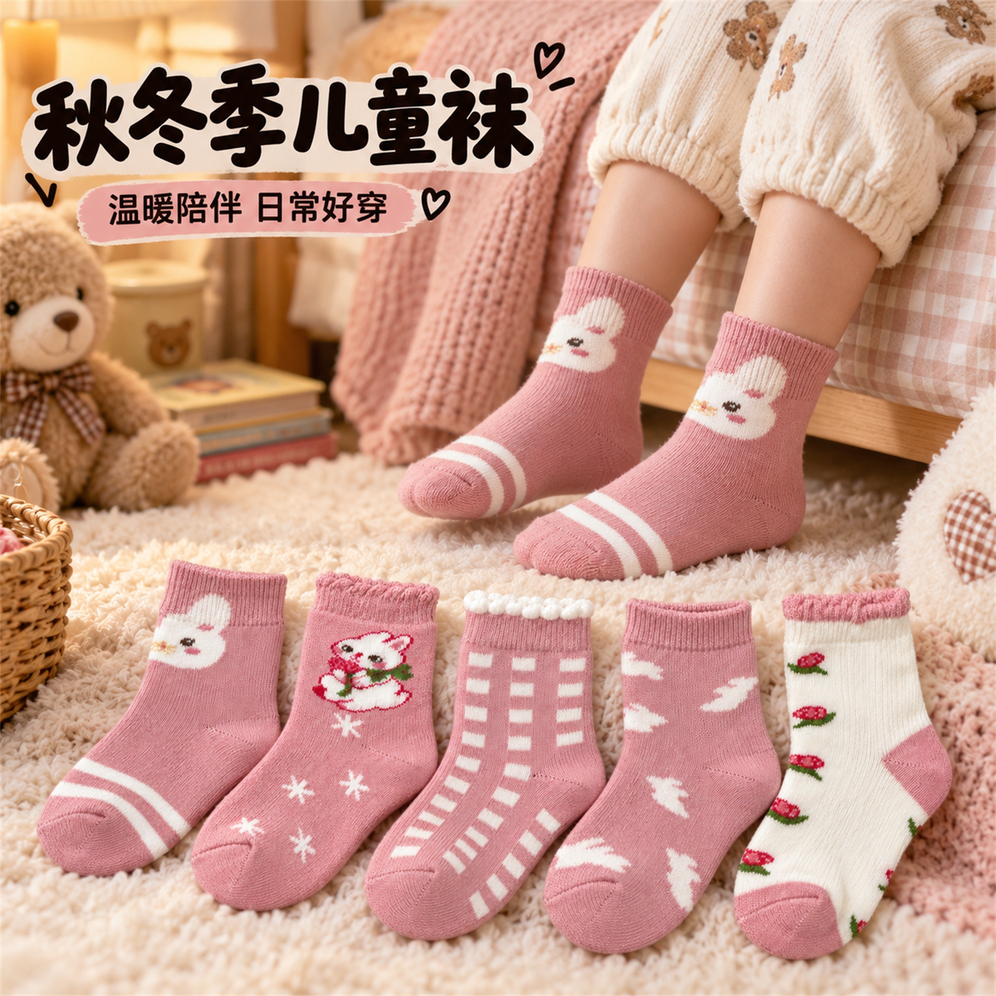 女童袜子秋季冬款加绒加厚毛圈袜