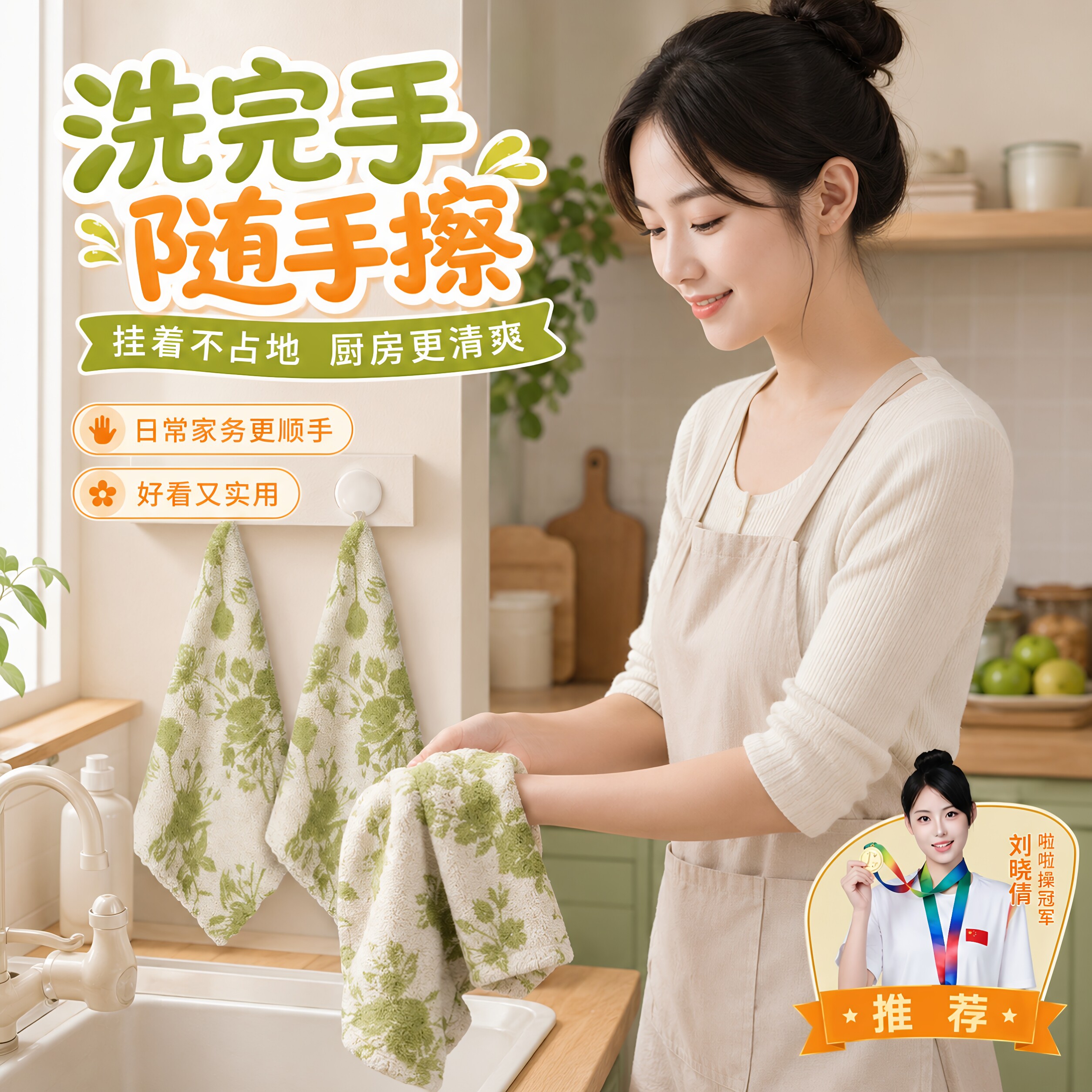 居家绿玫瑰印花抹布家用柔软舒适强劲吸水去油清洁去污厨房
