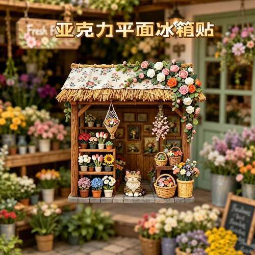 田园微缩小花屋磁吸冰箱贴