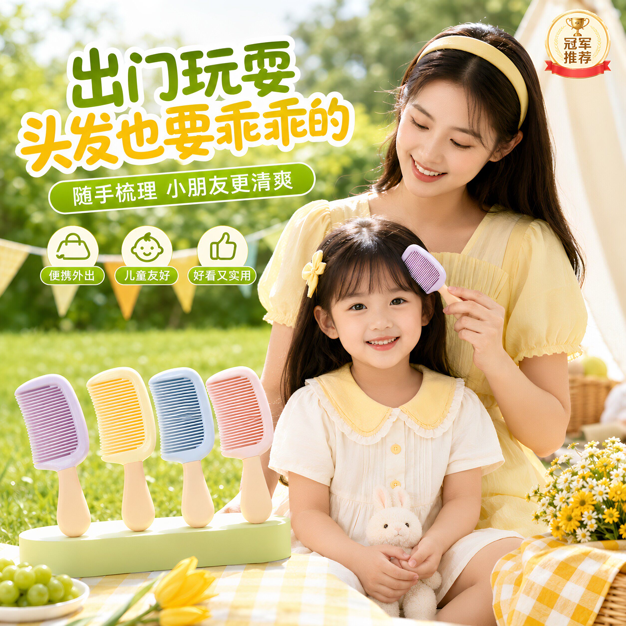高颜值冰淇淋防静电小号中齿儿童梳子加厚耐用家用便携式口袋梳子