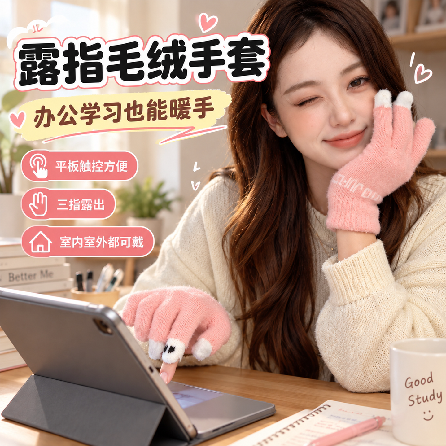 冬季加绒加厚触屏五指女士手套