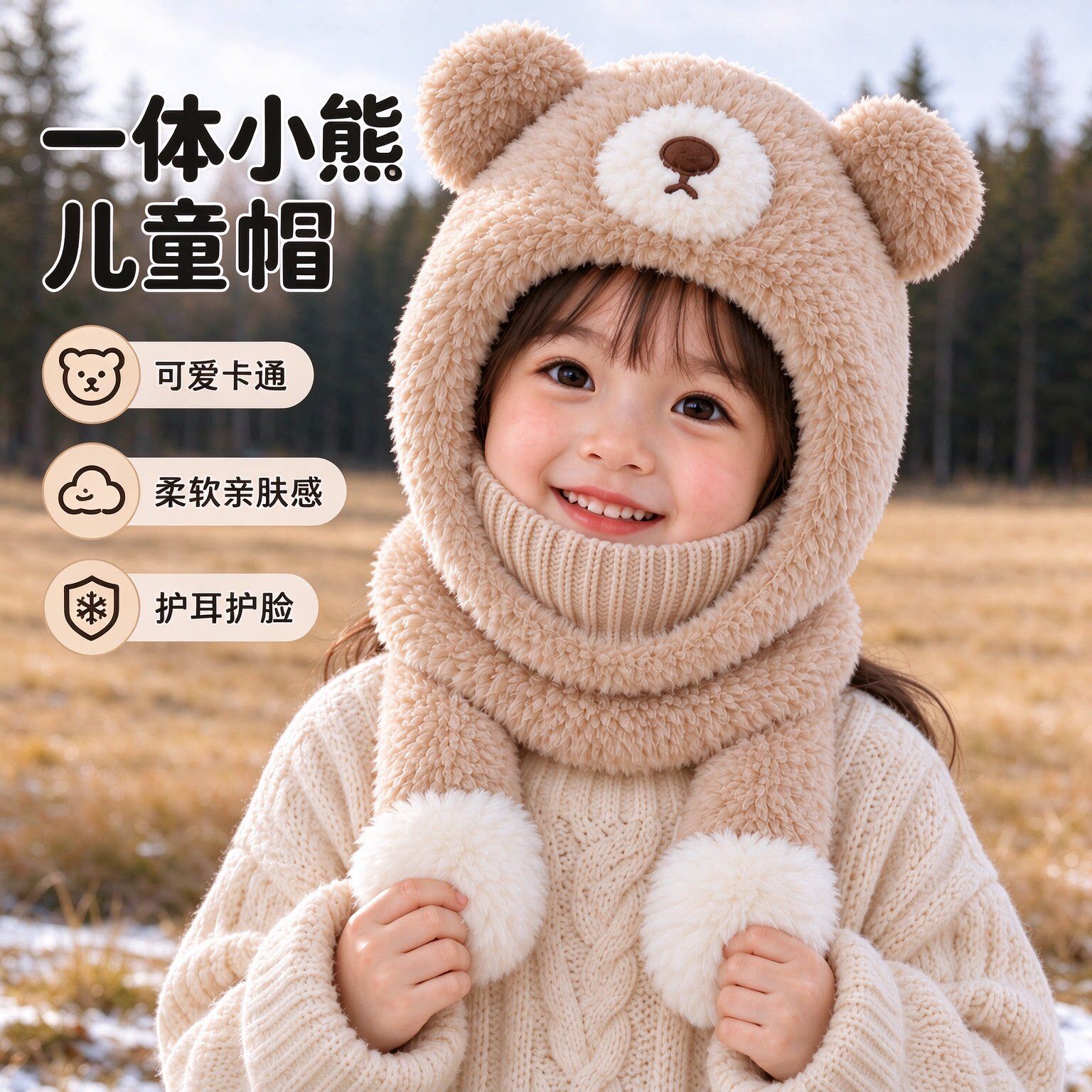 秋冬儿童小熊毛绒护耳围脖一体帽