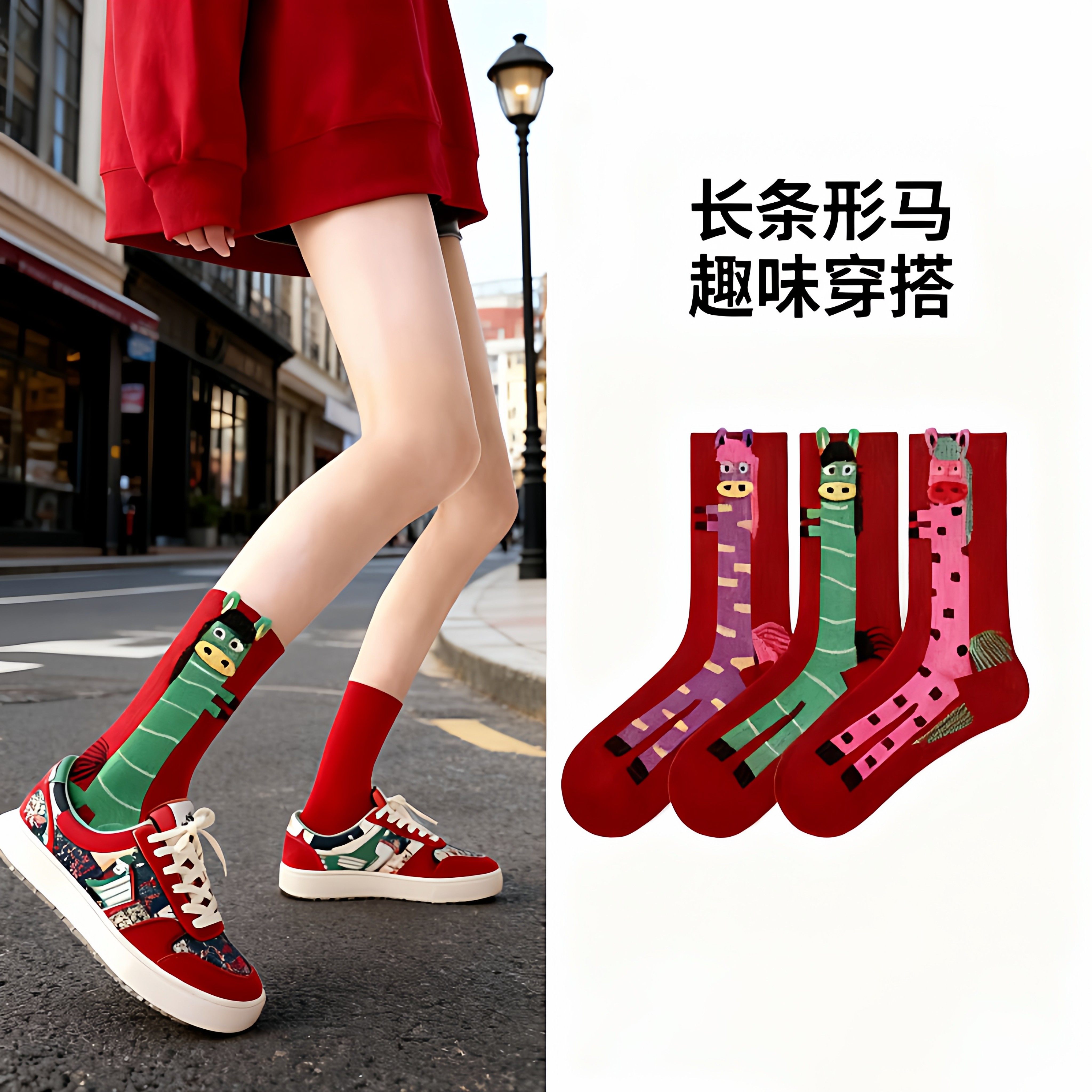 大红色袜子男女马年鸿运袜新款精梳棉红色喜庆生日本命年中筒袜