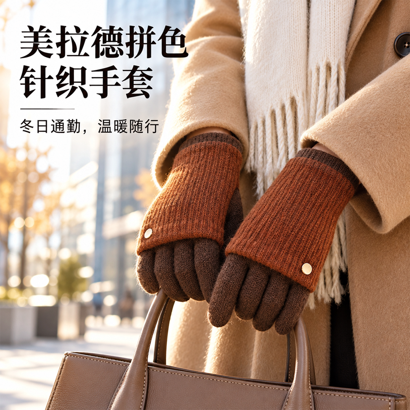 秋冬拼色针织毛线手套女可触屏护腕漏指冬天骑车保暖防寒分指情侣