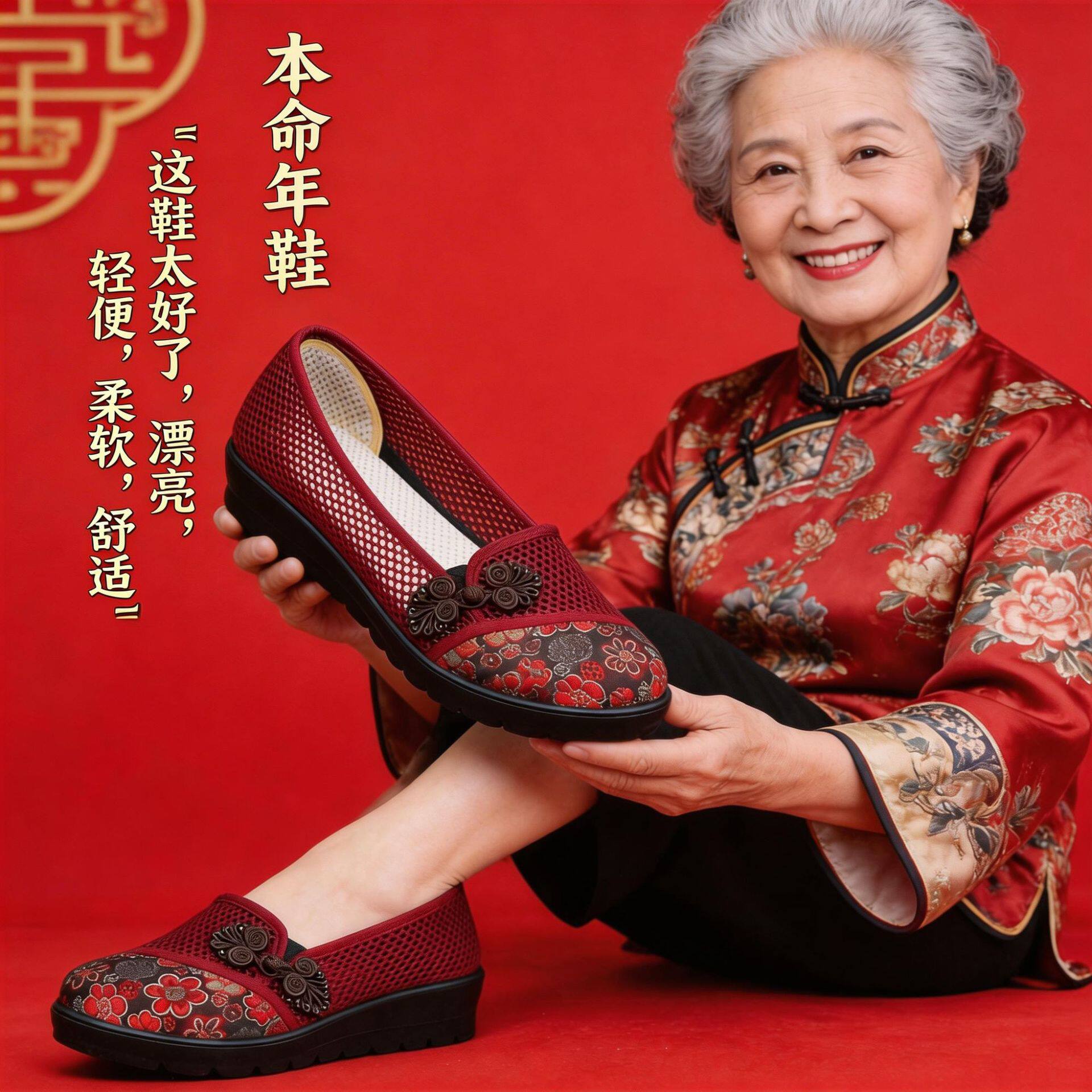 欣清新款女民族风透气平底中老年太太妈妈北京网面布鞋浅口42码41
