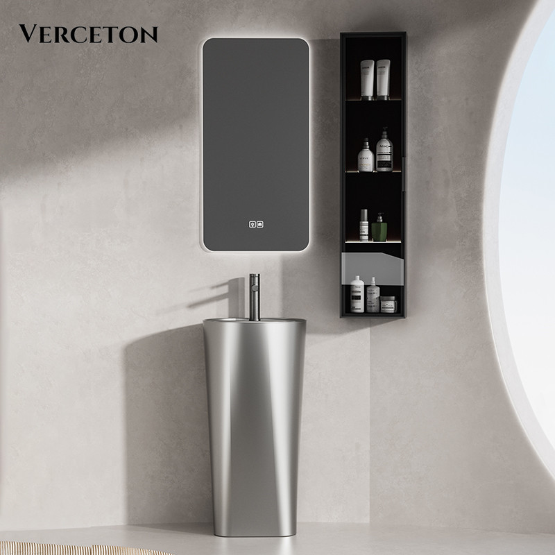 枪灰彩色立柱盆卫生间陶瓷一体落地式洗手盆户外庭院立柱式洗脸盆