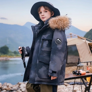 男童羽绒服中长加厚中大童保暖男孩冬季时尚大毛领迷彩工装外套潮