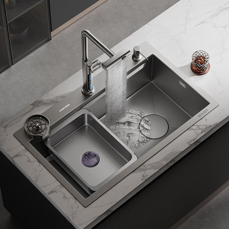 东鹏升级5MM小米粒厨房水槽SUS304不锈钢加厚纳米灰大单槽洗菜盆