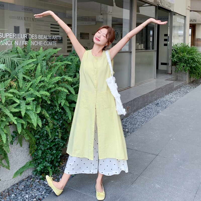 新款现货无袖衬衫裙阔腿裤两件套2C093-6627-P165-K238