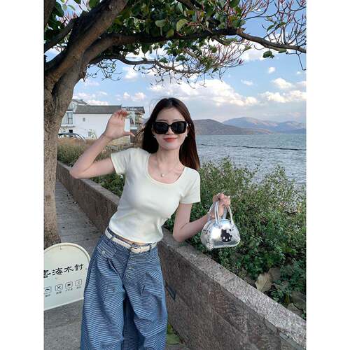 苏三三白色短袖T恤女夏季2026年新款打底内搭修身U领正肩短款上衣