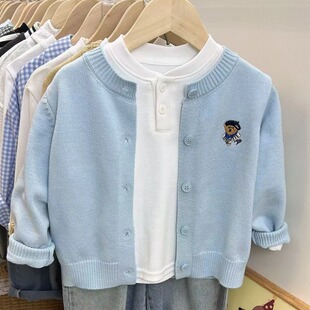 春秋儿童小外套针织开衫毛衣男女童清爽春天韩系刺绣小熊百搭洋气