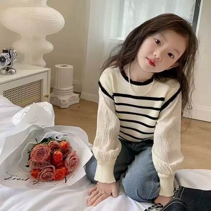 秋冬季爆款女童上衣假两件洋气针织T恤衫女宝宝早条纹上衣泡泡袖