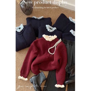 秋冬款女童毛衣儿童一体绒加绒加厚针织木耳花边韩气花边简约上衣