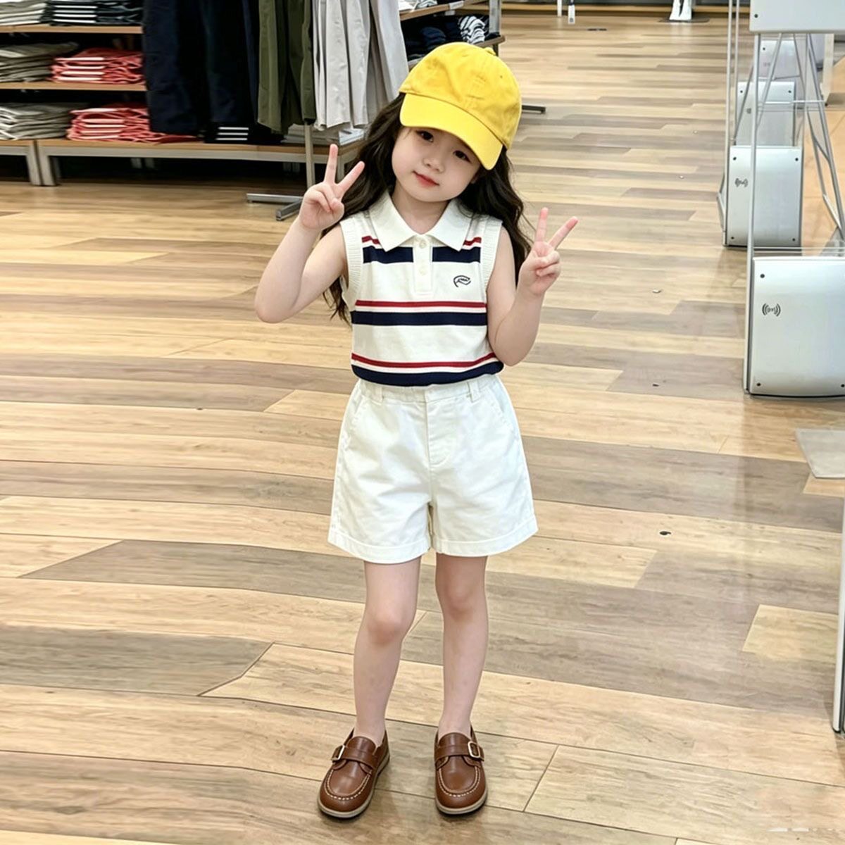 夏季韩系女童针织马甲复古条纹百搭无袖开衫儿童洋气外搭背心