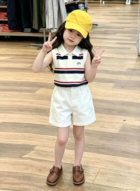 夏季韩系女童针织马甲复古条纹百搭无袖开衫儿童洋气外搭背心
