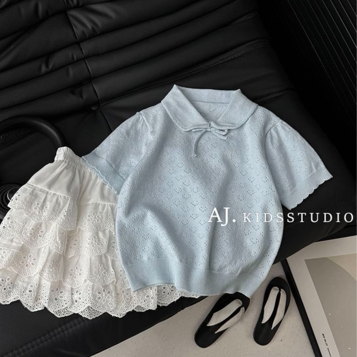 女童韩系小香风镂空针织短袖夏季女孩简约日系甜美polo领上衣T恤
