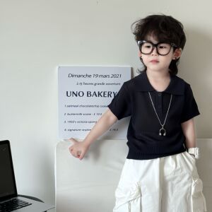 夏季儿童老钱风polo衫透气短袖镂空莱赛尔刺绣男女童洋气透气百搭