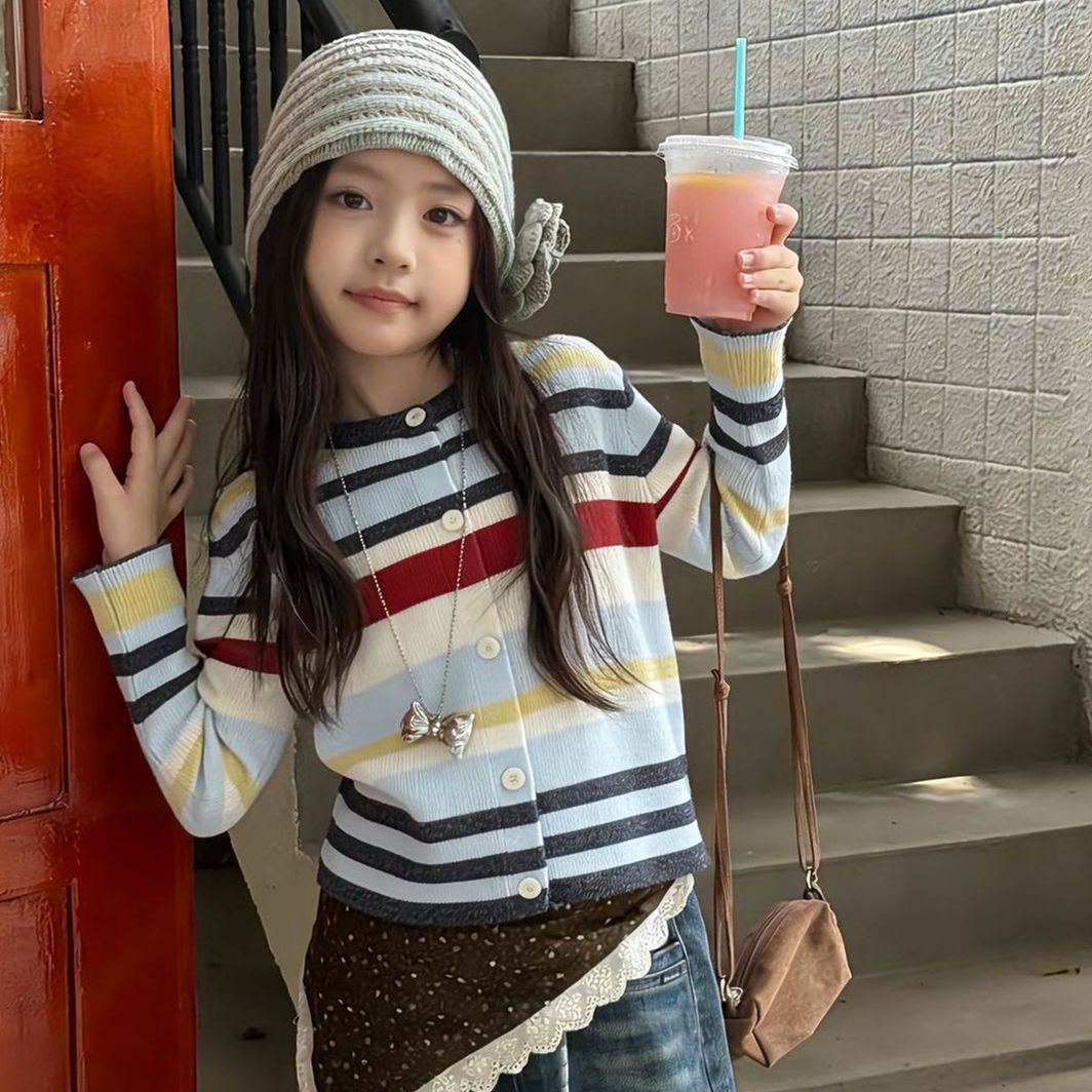 春秋季儿童针织毛衣开衫韩系经典条纹外套宝宝女童童装时尚百搭