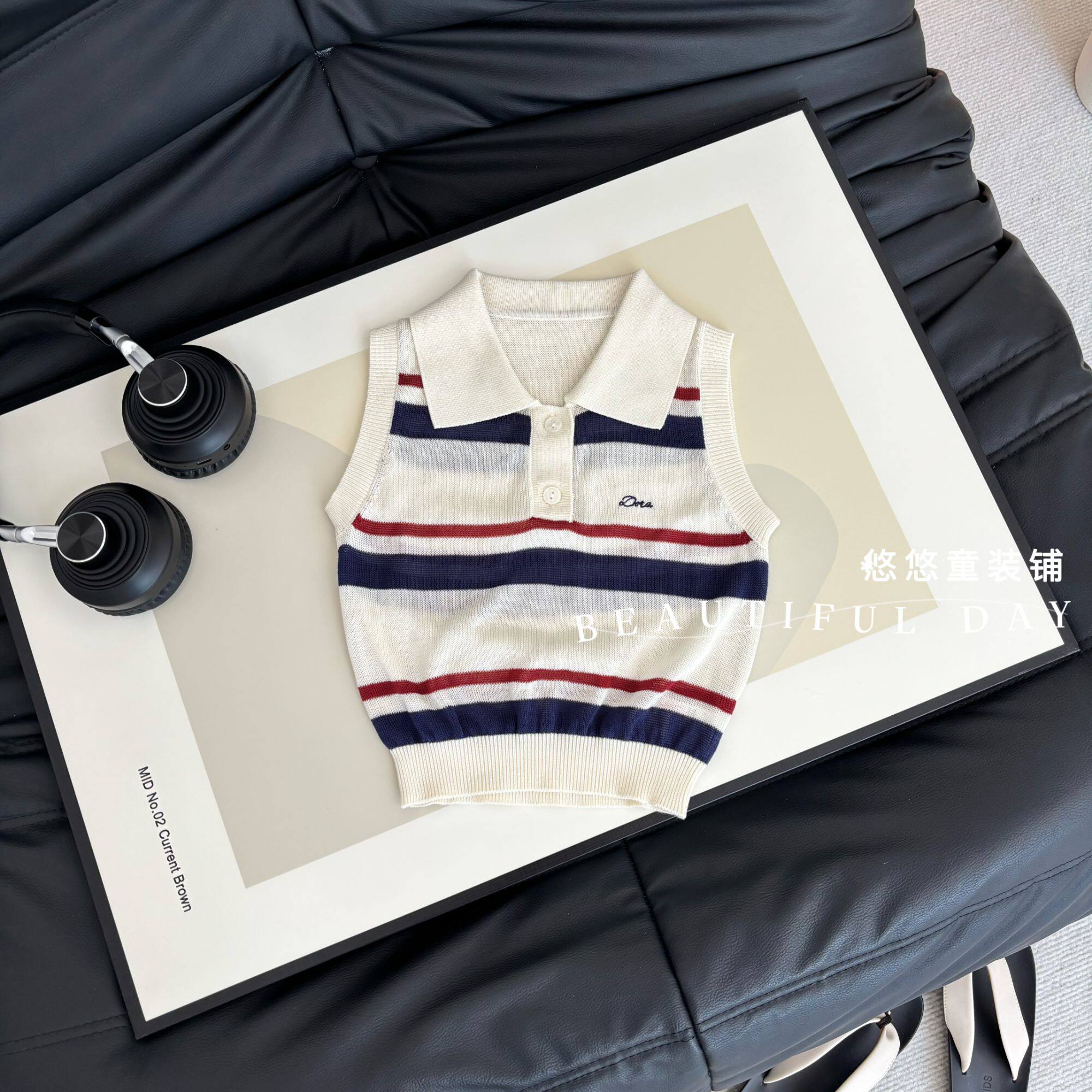韩系女童针织马甲复古条纹百搭无袖开衫儿童洋气外搭背心