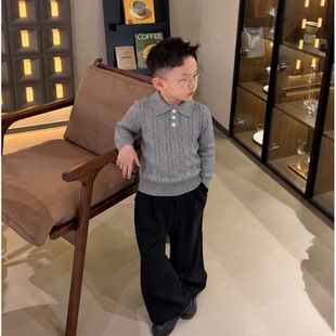 儿童 polo 领麻花针织毛衣男童三粒扣翻领套头衫韩系绅士风童装