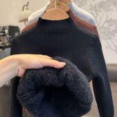 纯色半高领一体绒毛衣弹力男女童 儿童加绒加厚打底针织衫 冬季 新款