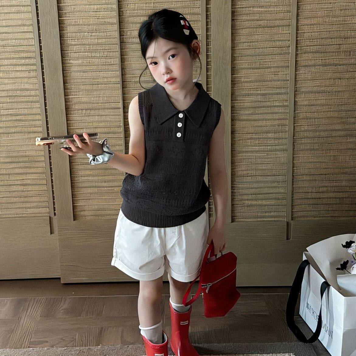 韩系女童针织套装夏日清凉冰丝无袖Polo衫+卡其色短裤两件套