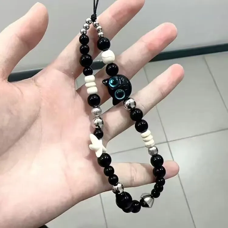 ins黑猫辣妹手机链小猫咪链条ccd短款相机挂绳小众串珠挂绳手链