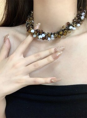 黑色灰色焦糖色水晶配饰锁骨链女日韩夸张复古时尚短款韩国百搭
