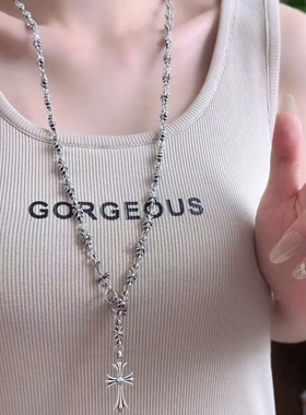 潮酷可调节十字架流苏项链女小众设计加长款百搭情侣毛衣链卫衣链