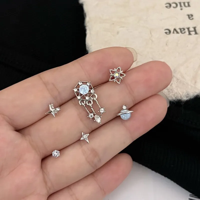 梦幻蓝色星空捕梦网耳钉套装精致简约小巧时尚炫酷气质耳骨钉耳饰